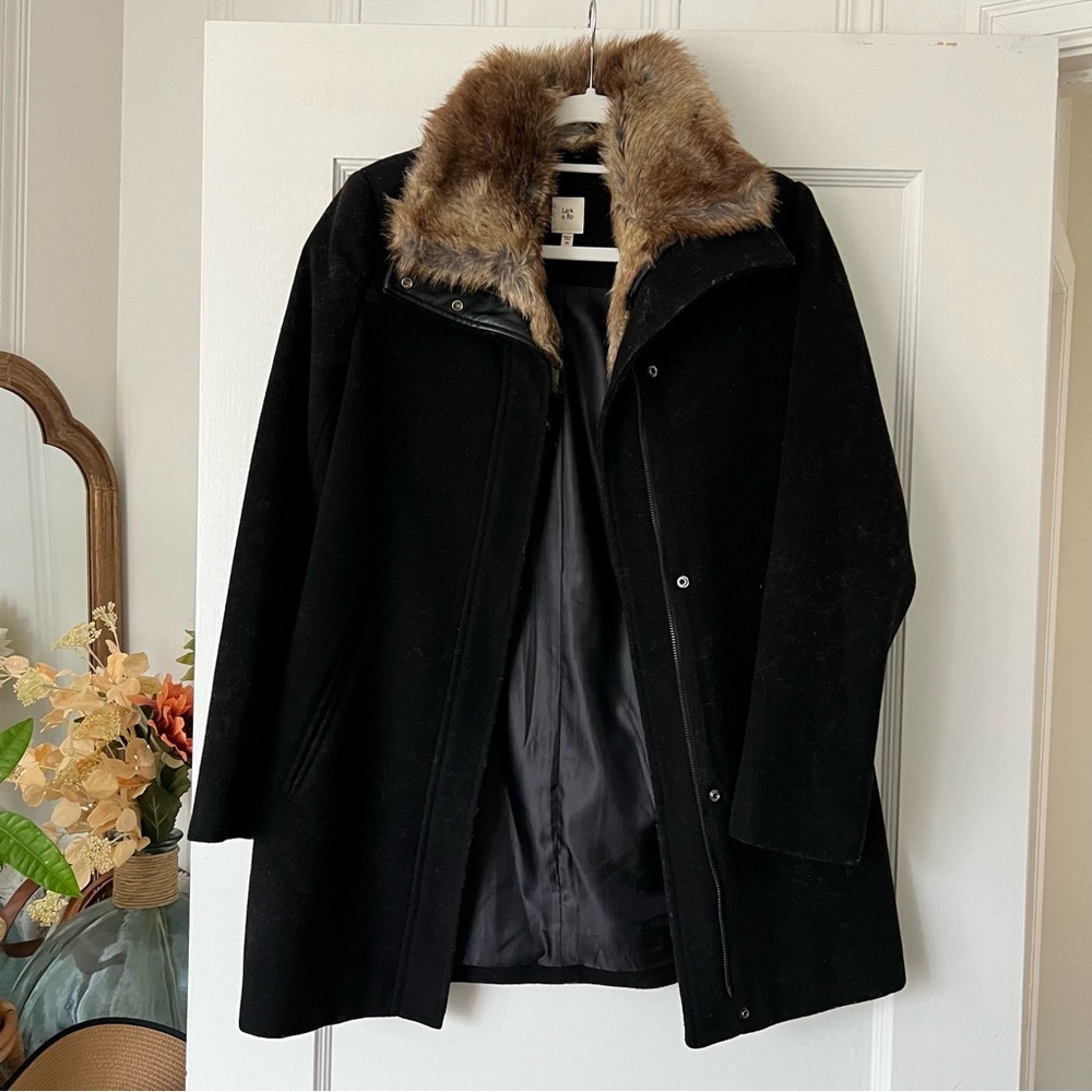 Lark & Ro Women’s Black Wool Blend Heavyweight Faux fur Collar Winter coat XS
